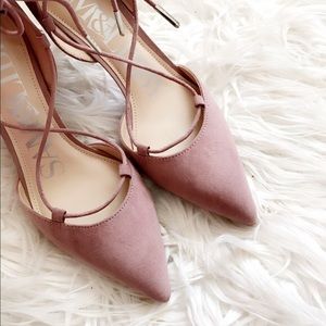 Blush pink lace up pumps